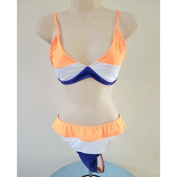 Women's Orange, Blue & White Two-Piece Swimsuit Size: Small. NEW - Picture 1 of 4